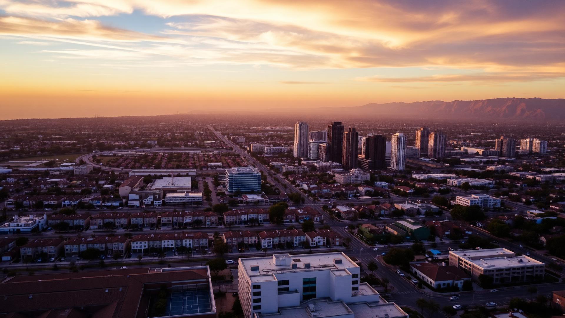 Aerial view of a Southern California city skyline at sunset