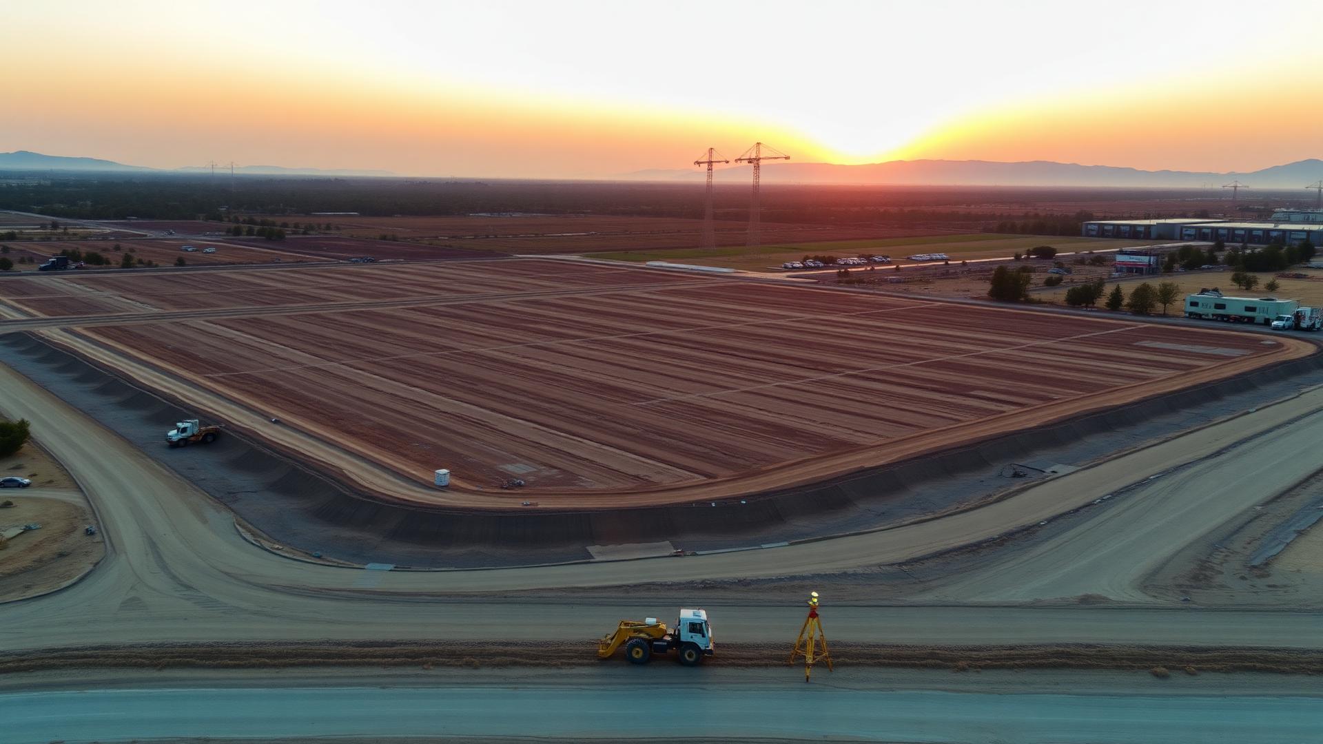 Aerial view of a California land development site at golden hour